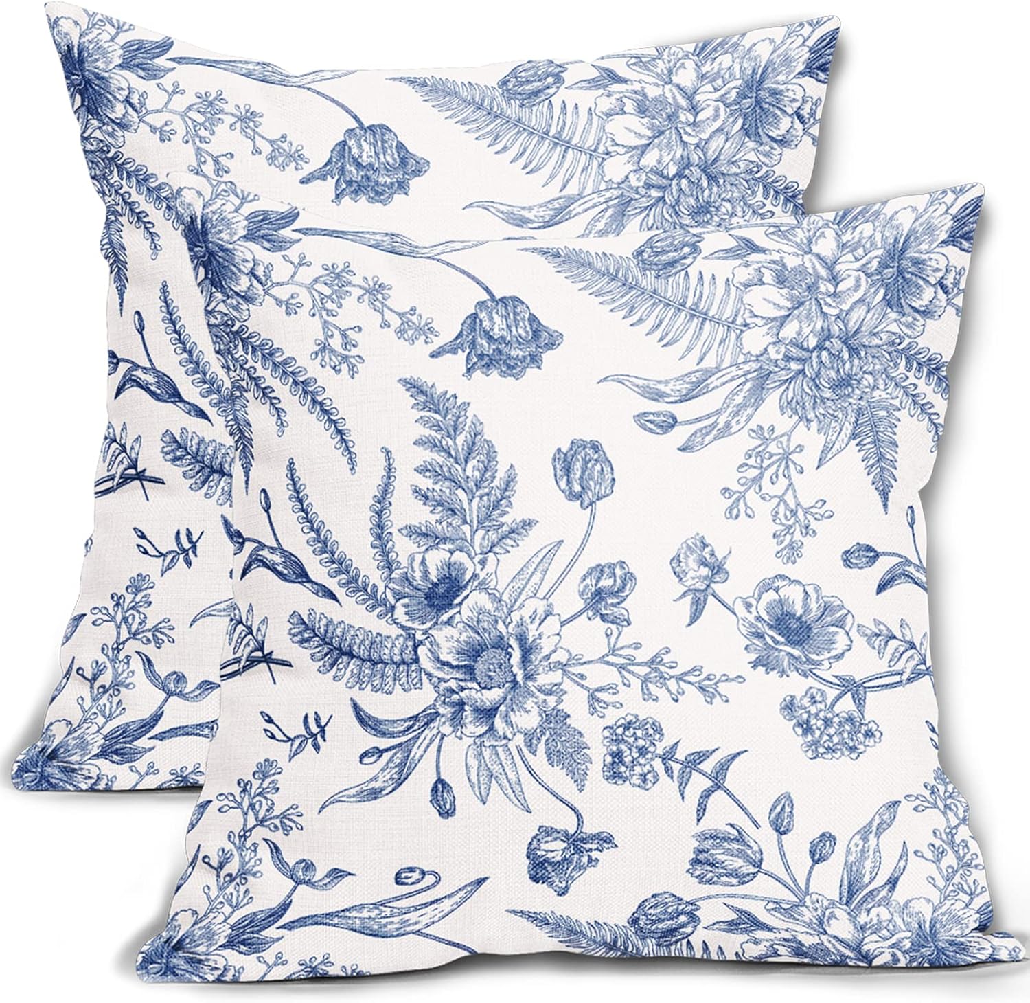 Juego de 2 fundas de almohada de flores azules de 18 x 18 pulgadas, color blanco y azul, fundas de almohada de lino decorativas para exteriores,