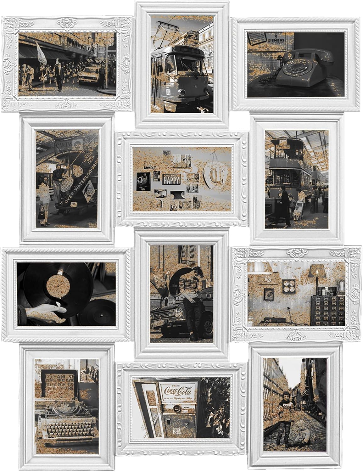 Jerry & Maggie Marco de fotos de collage de 12 aperturas rústico de 23 × 18 pulgadas, acabado vintage en relieve, marcos de fotos de PVC, para