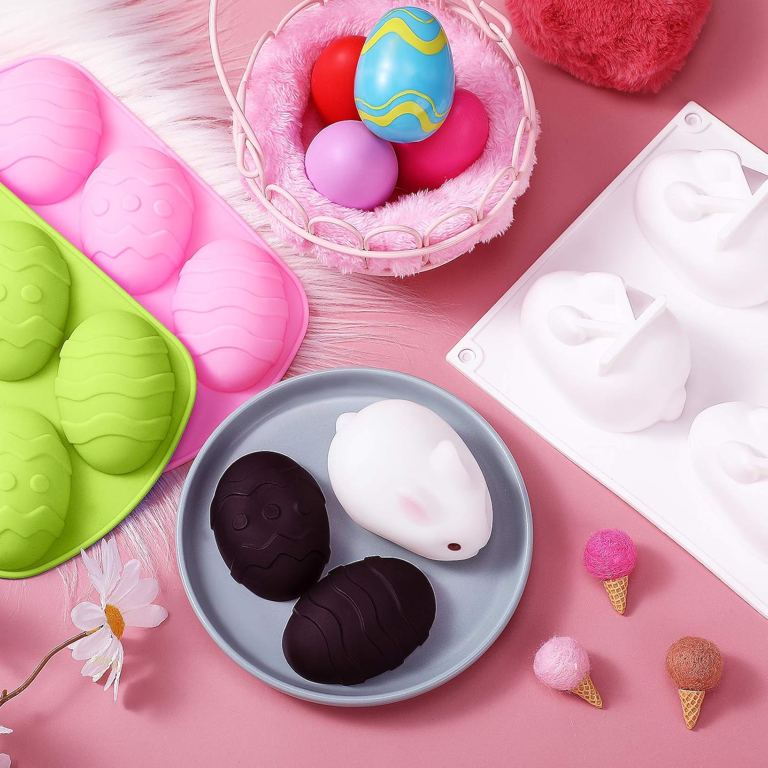 Molde para hornear de 3 piezas con forma de huevo de Pascua y conejo, molde de chocolate para Pascua hecho a mano, jabón pastelería, pastel, postre,