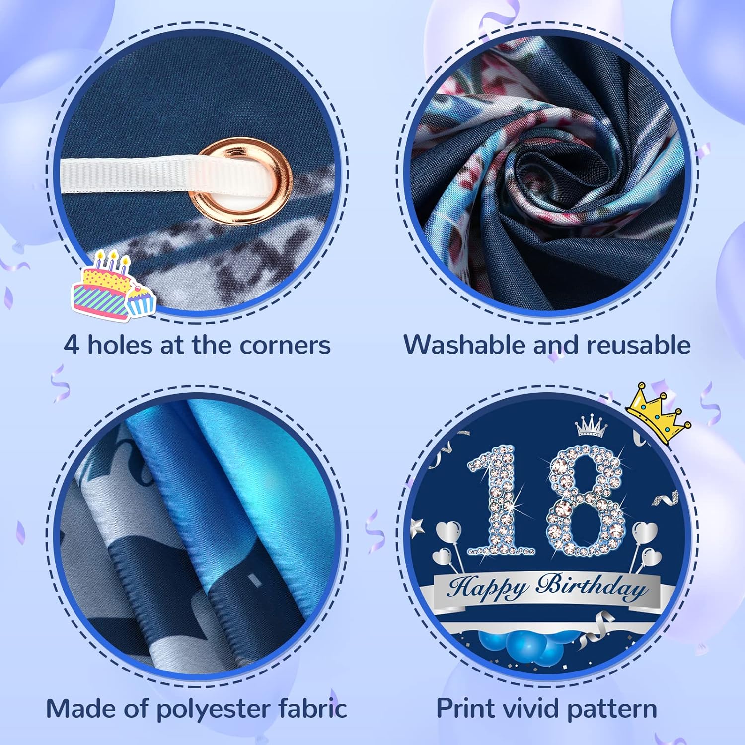 Cartel azul de decoración de cumpleaños número 18 para niños y niñas, telón de fondo azul marino y plateado de feliz cumpleaños 18, suministros de