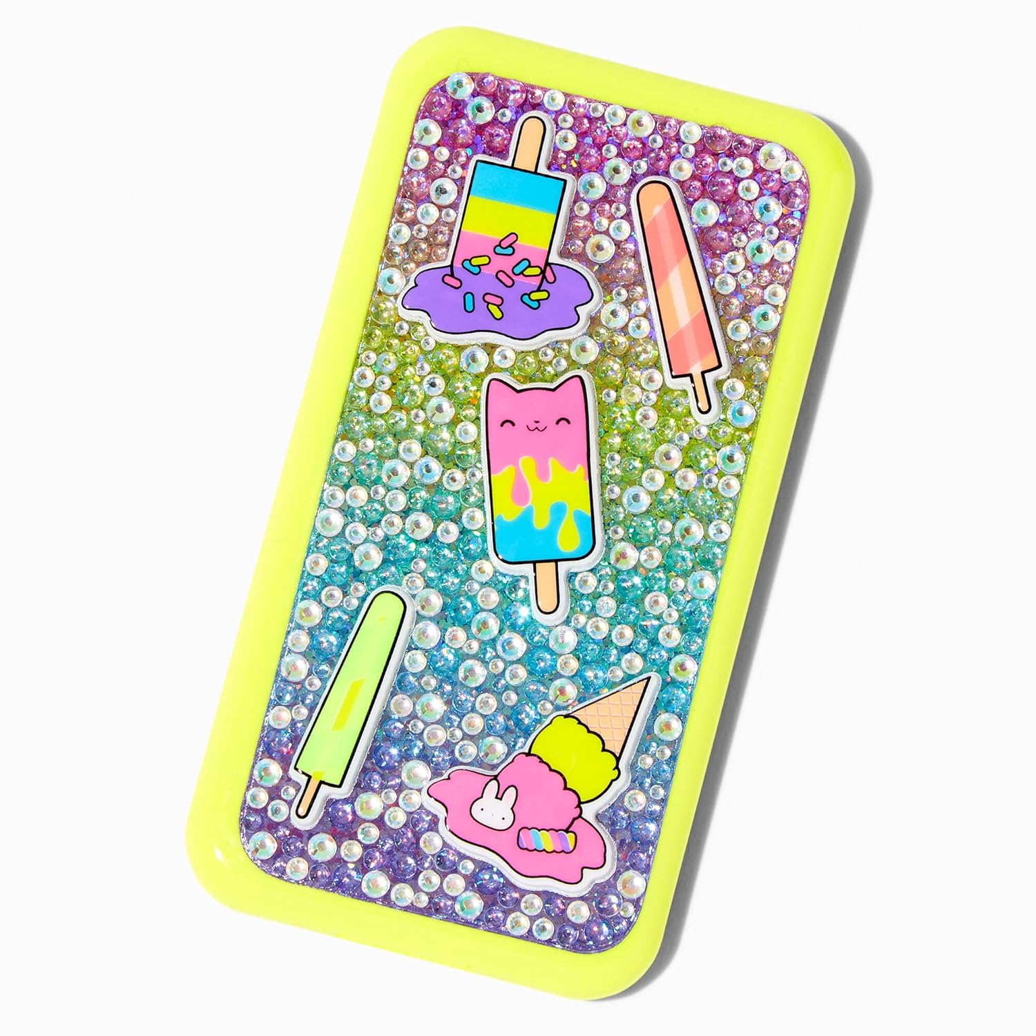 Claire’s Kits de maquillaje – Kit de sombra de ojos y labios con forma de teléfono celular amarillo brillante brillante para niñas, perfecto para