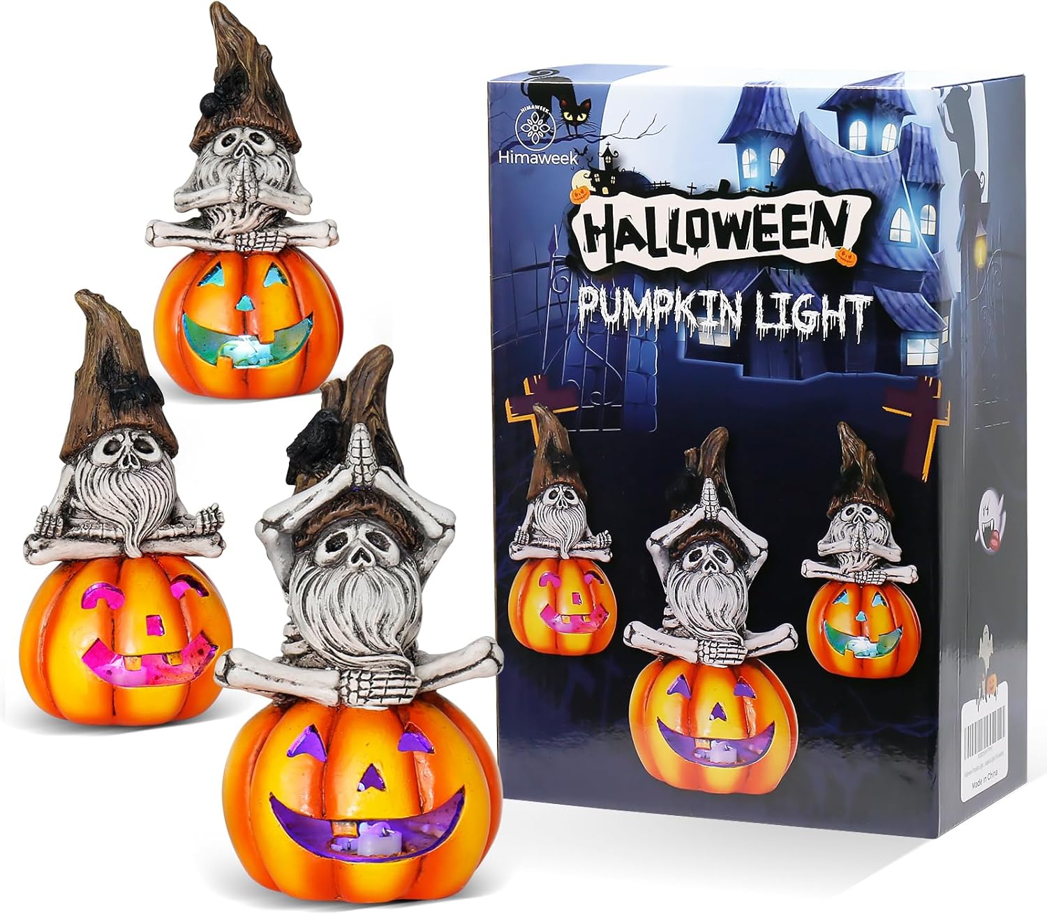 Adornos de esqueleto de luz de calabaza de Halloween, 3 juegos de luces decorativas de calabaza LED de Halloween
