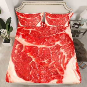 Juego de sábanas bajeras de carne cruda tamaño individual, juego de sábanas para niños y niñas, con temática de alimentos en 3D, 2 piezas (1 funda Juego de sábanas bajeras de carne cruda tamaño individual, juego de sábanas para niños y niñas, con temática de alimentos en 3D, 2 piezas (1 funda