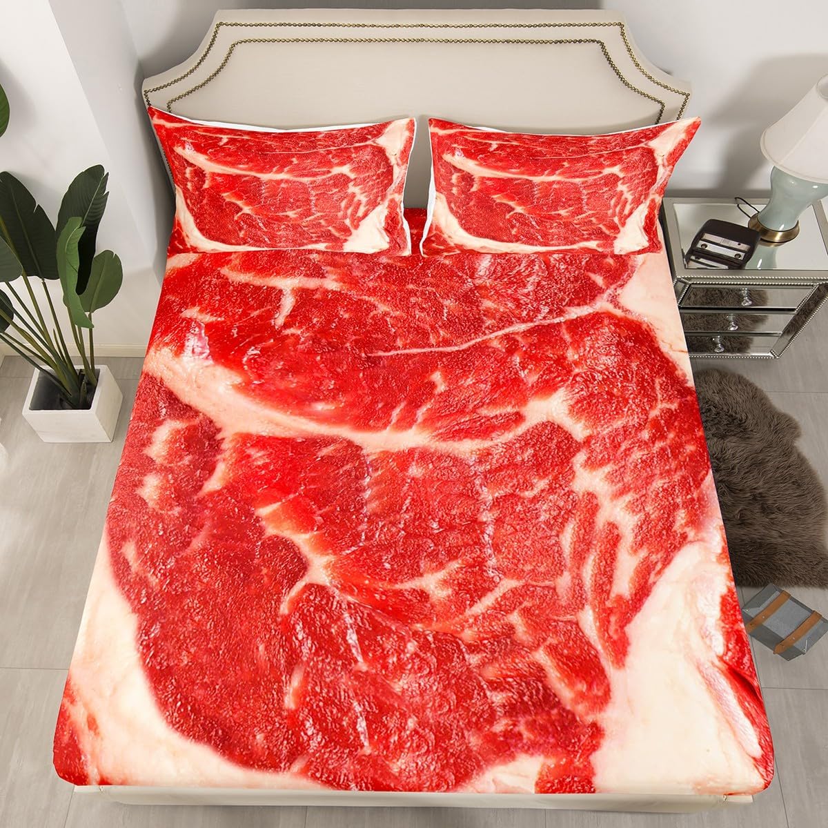 Juego de sábanas bajeras de carne cruda tamaño individual, juego de sábanas para niños y niñas, con temática de alimentos en 3D, 2 piezas (1 funda