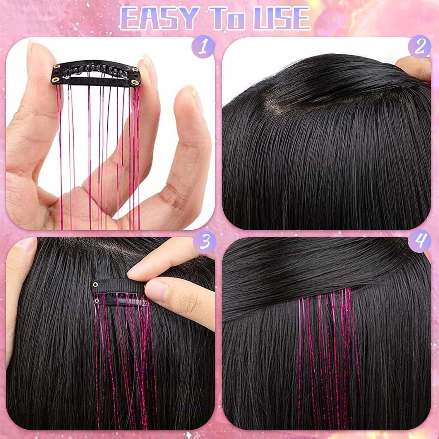 Kit de oropel de cabello con clip, 12 piezas, extensiones de cabello de 20 pulgadas, resistente al calor, kit de oropel de cabello de hada con