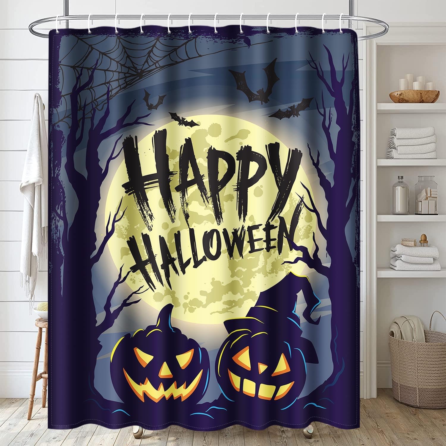 Arttown Juego de baño de Halloween con cortina de ducha y accesorios de alfombras, juego de cortinas de ducha de calabazas negras, cortina de ducha