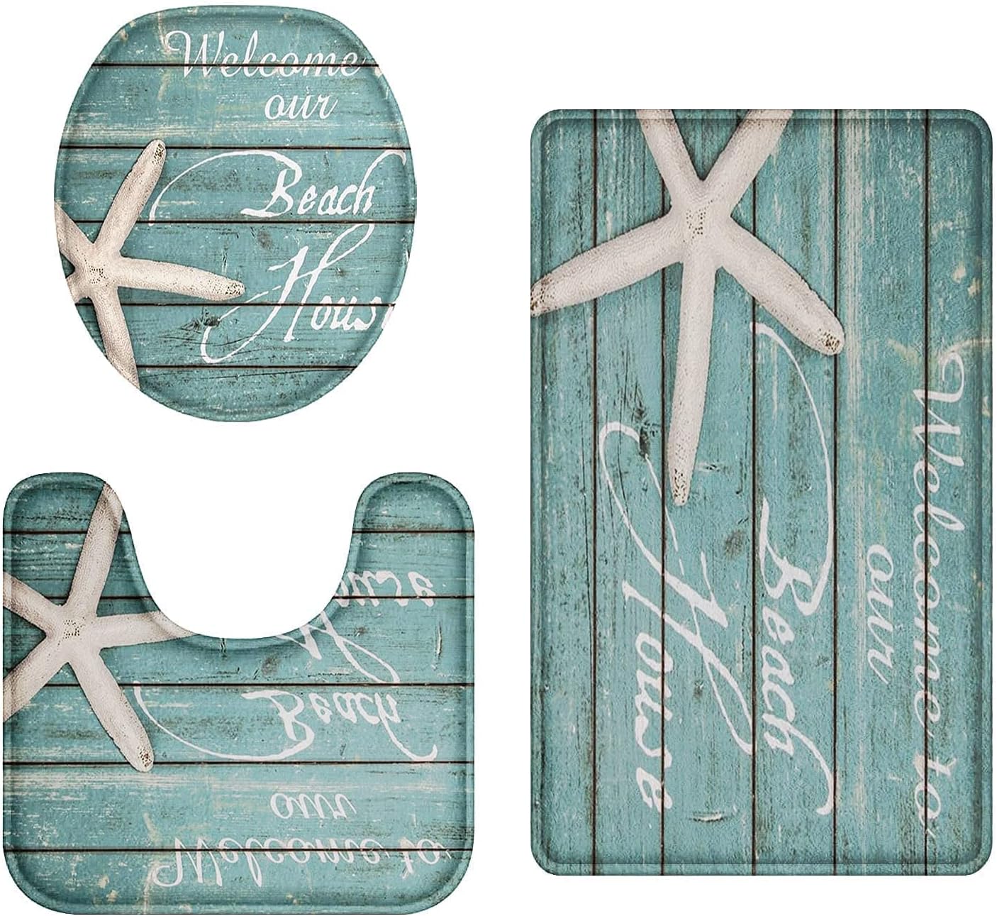 Britimes Juego de 3 tapetes de baño para baño, 3 piezas, diseño de estrella de mar azul claro y texto, cubierta lavable, decoración para cocina,