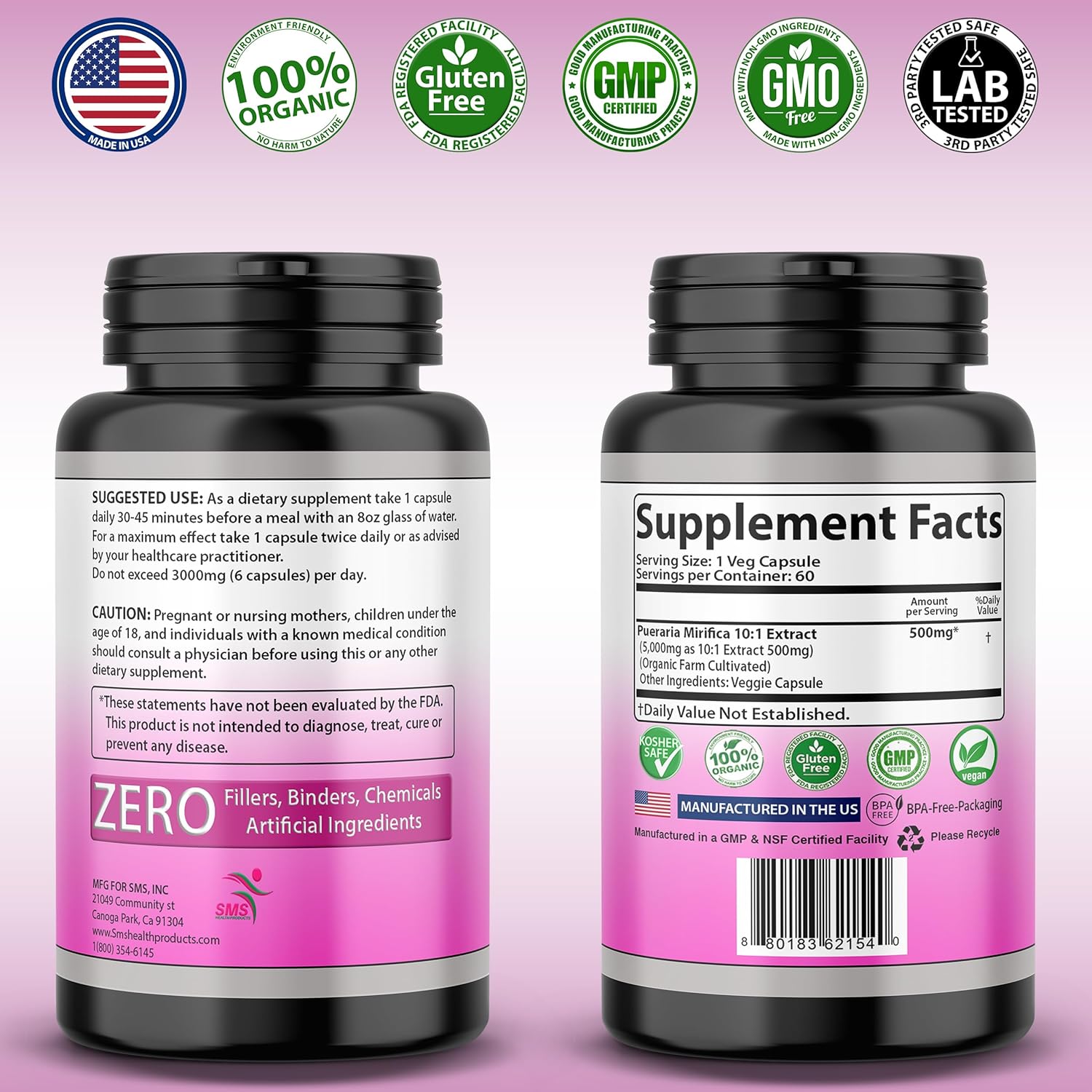 SMS Pueraria Mirifica Suplemento 500 mg Extracto de Raíz Polvo Veggie Cápsulas Promueve la Salud de la Mujer, Hierbas Naturales Orgánicas 60 Cápsulas