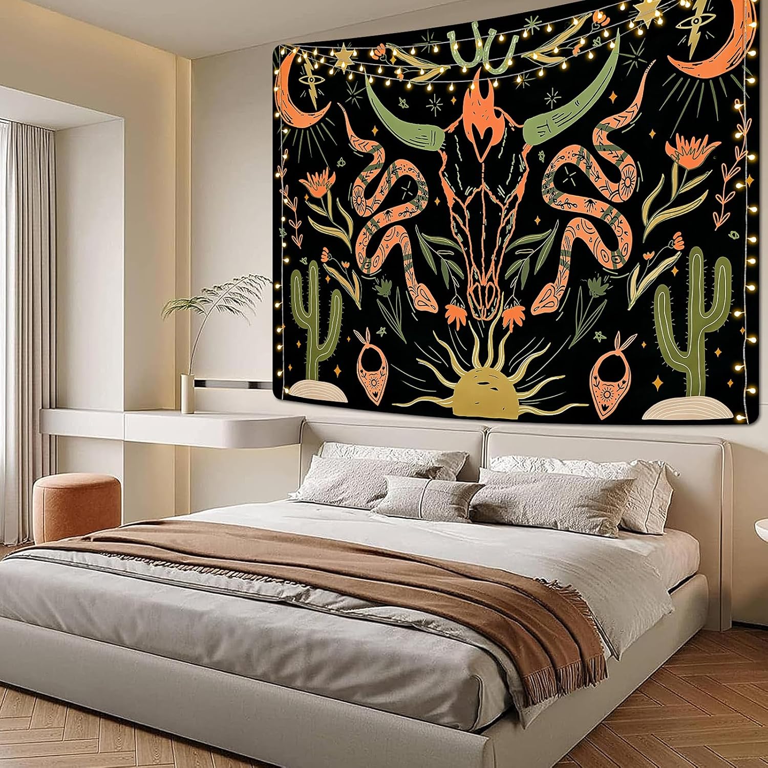 Uspring Tapiz de calavera de vaca, tapiz de serpiente trippy, tapiz estético con plantas florales, cactus y sol, luna, estrellas, tapiz vintage de