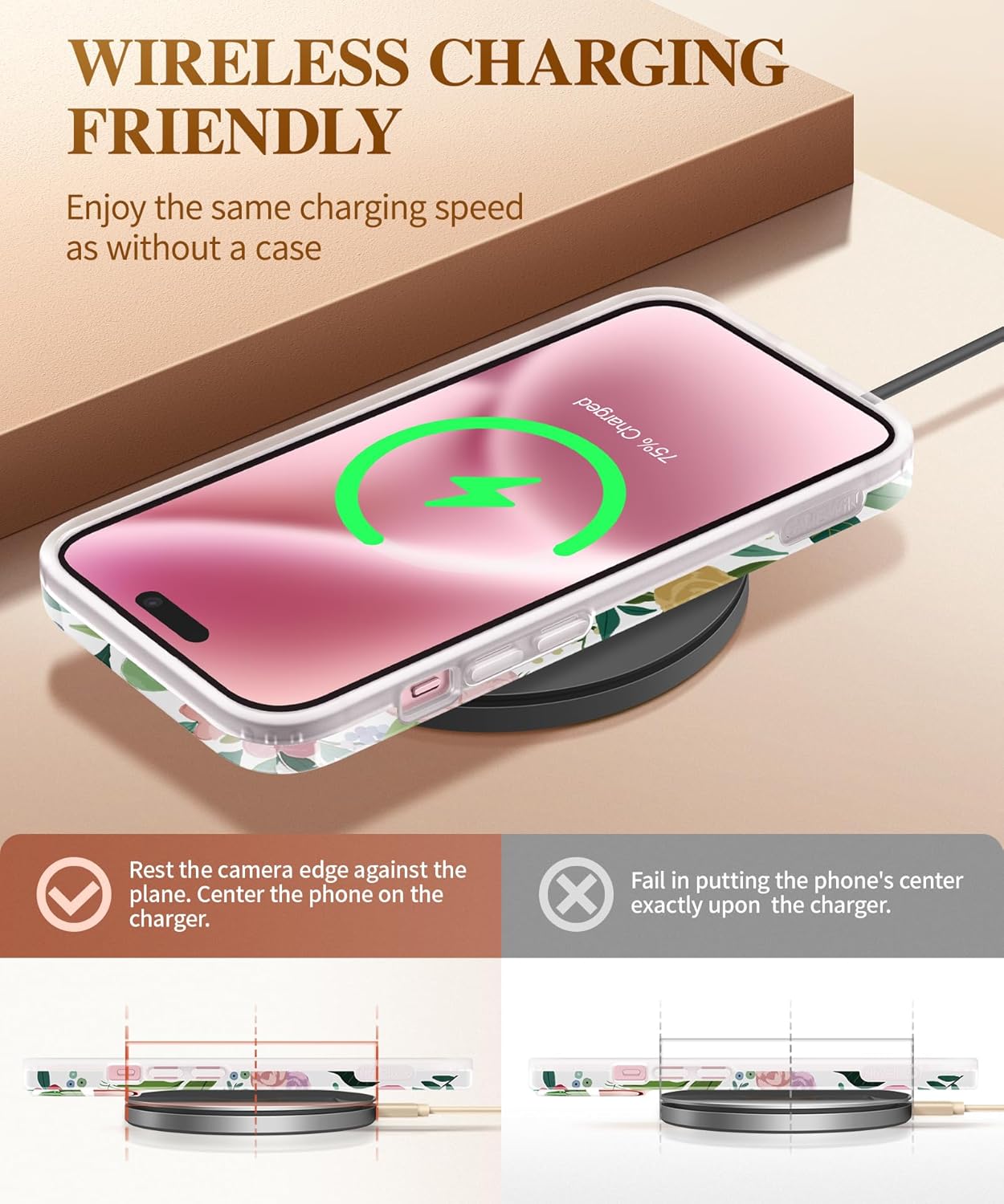 GVIEWIN Funda floral para iPhone 15, con protector de pantalla y protector de lente de cámara, protección contra caídas de grado militar de 10 pies