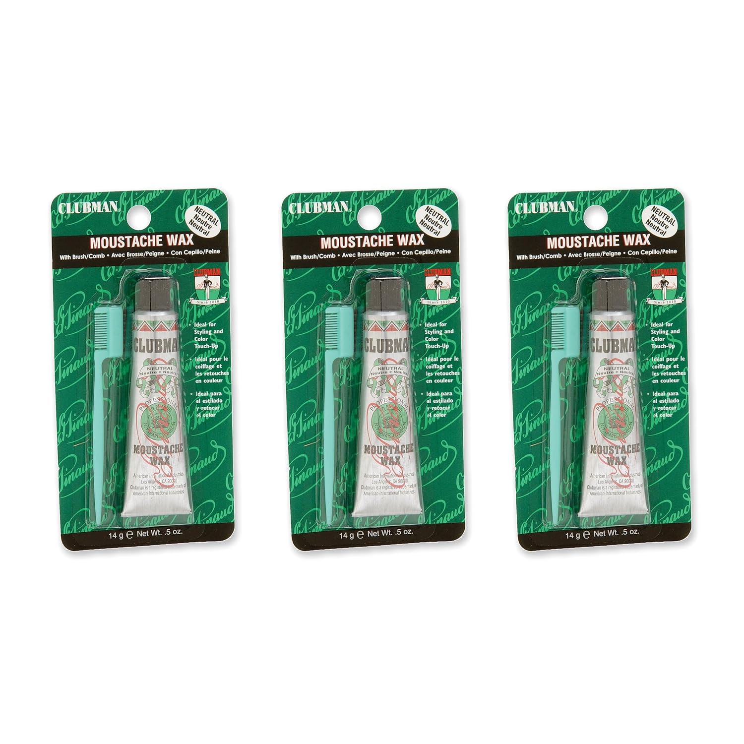 Clubman Pinaud – Cera para bigote con aplicador de peine, para peinar y mejorar el color, neutra, 0.5 onzas (paquete de 3)