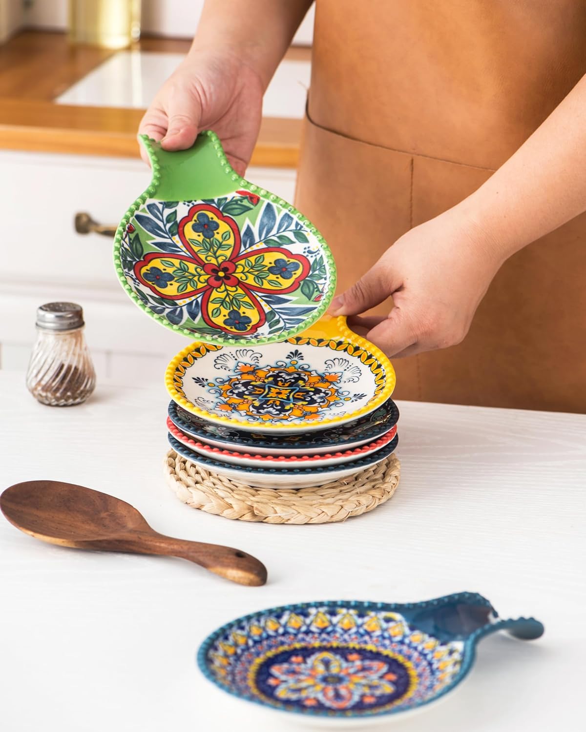 Soporte de cuchara de cerámica para la parte superior de la estufa, soporte grande para cuchara para encimera de cocina, soporte para utensilios de
