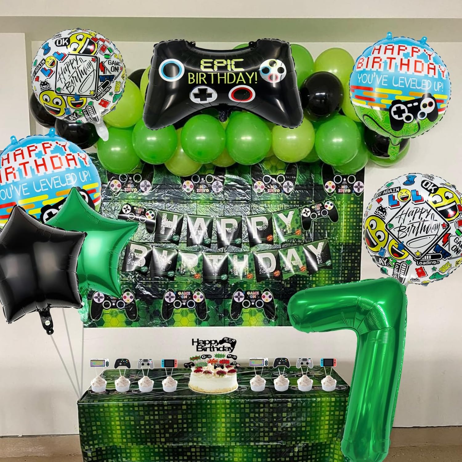 Los globos de fiesta de videojuegos incluyen globos de cumpleaños con controlador de juego, globo verde de aluminio del número 7, globos redondos