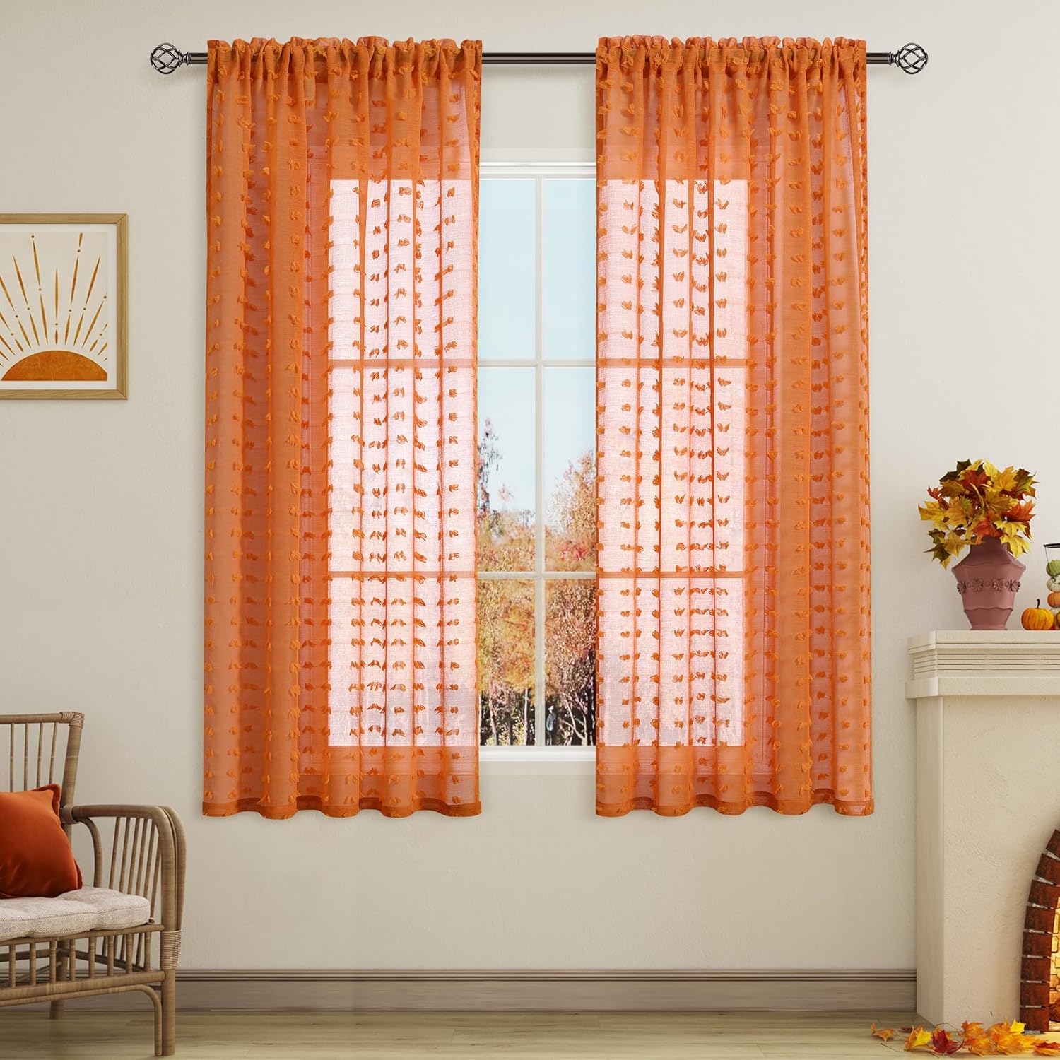 Guken 2 paneles de cortinas traslúcidas de 63 pulgadas de largo para sala de estar, dormitorio, 52 pulgadas de ancho, cortinas bohemias con pompones