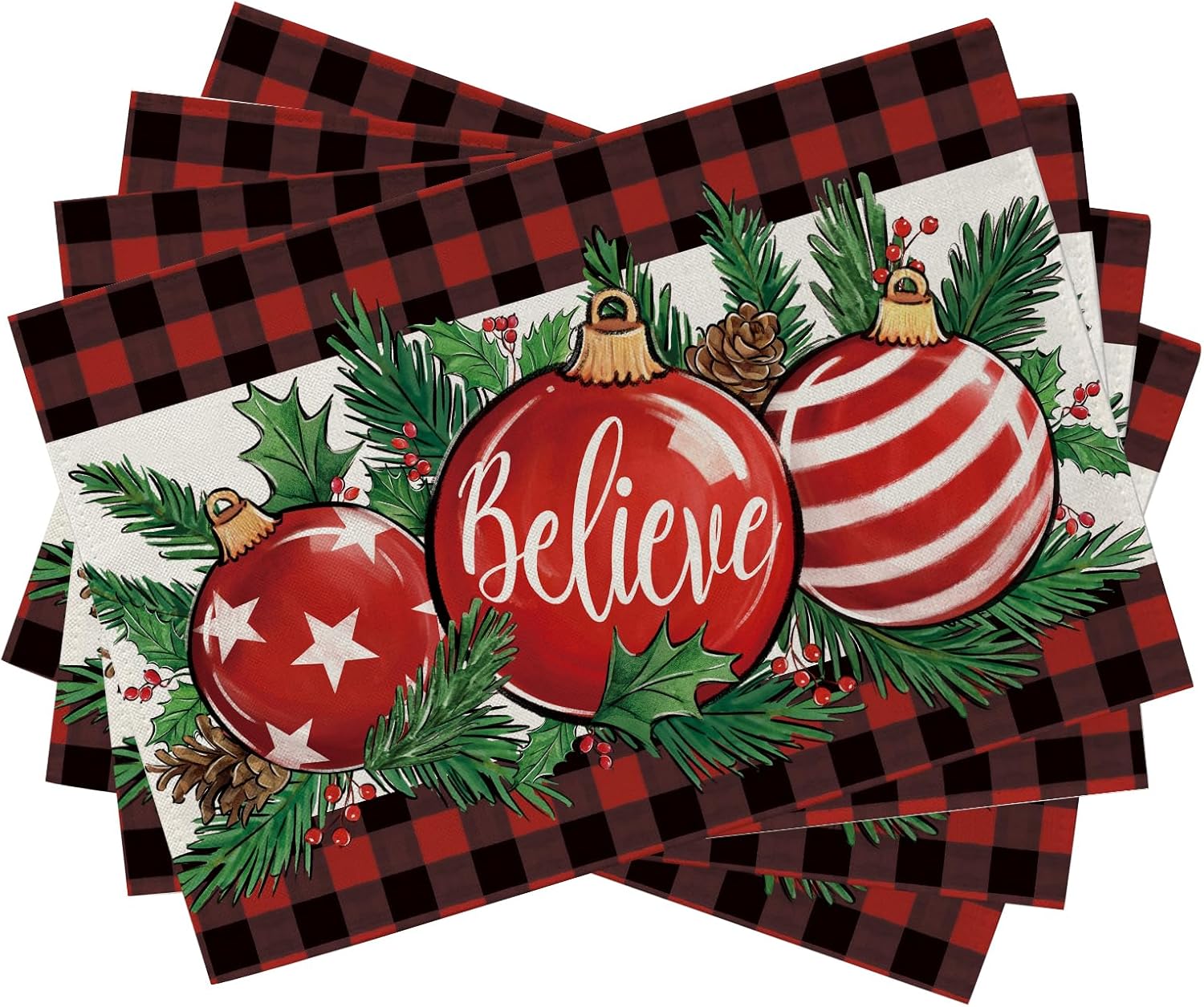 Seliem Juego de 4 manteles individuales con adornos de bola de Navidad, rojo y negro, búfalo a cuadros Believe, para mesa de comedor, conos de pino