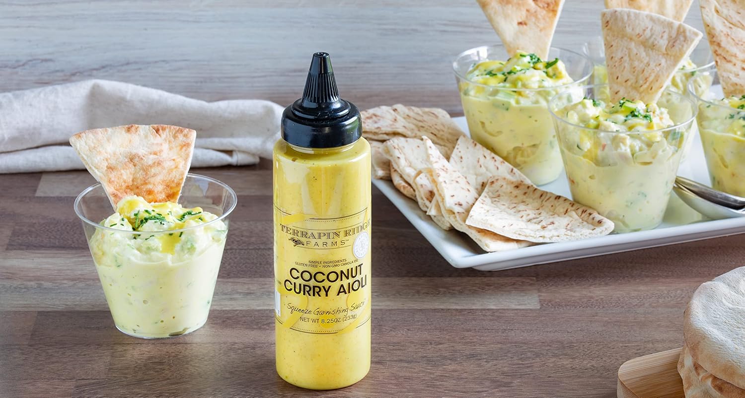 Terrapin Ridge Farms – Salsa de guarnición de alioli de coco y curry – Una botella exprimible de 8.25 onzas