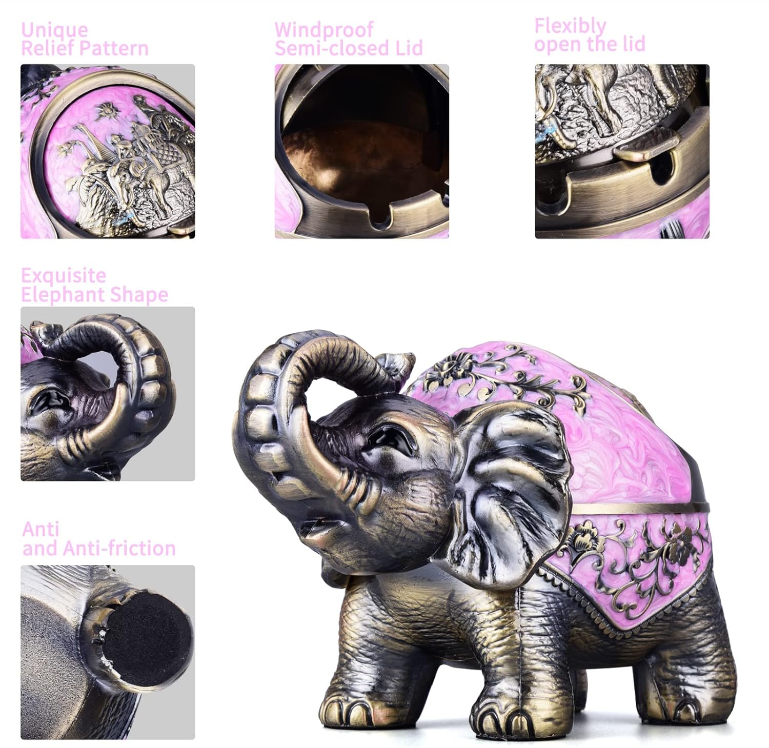 Cenicero de elefante con tapa, cenicero de metal resistente al viento, cenicero interior para hierbas, ceniceros de decoración práctica vintage para