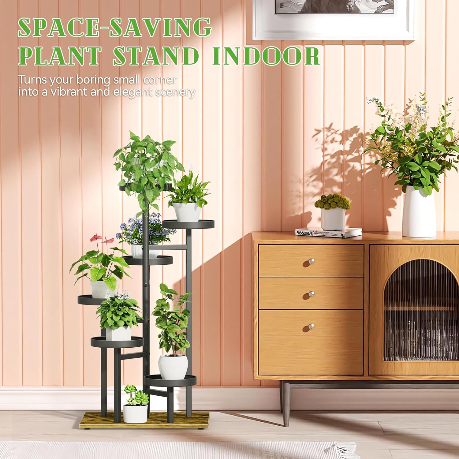 Soporte alto para plantas de 6 niveles para interiores, soporte de esquina de metal para múltiples plantas, estante de madera escalonado para