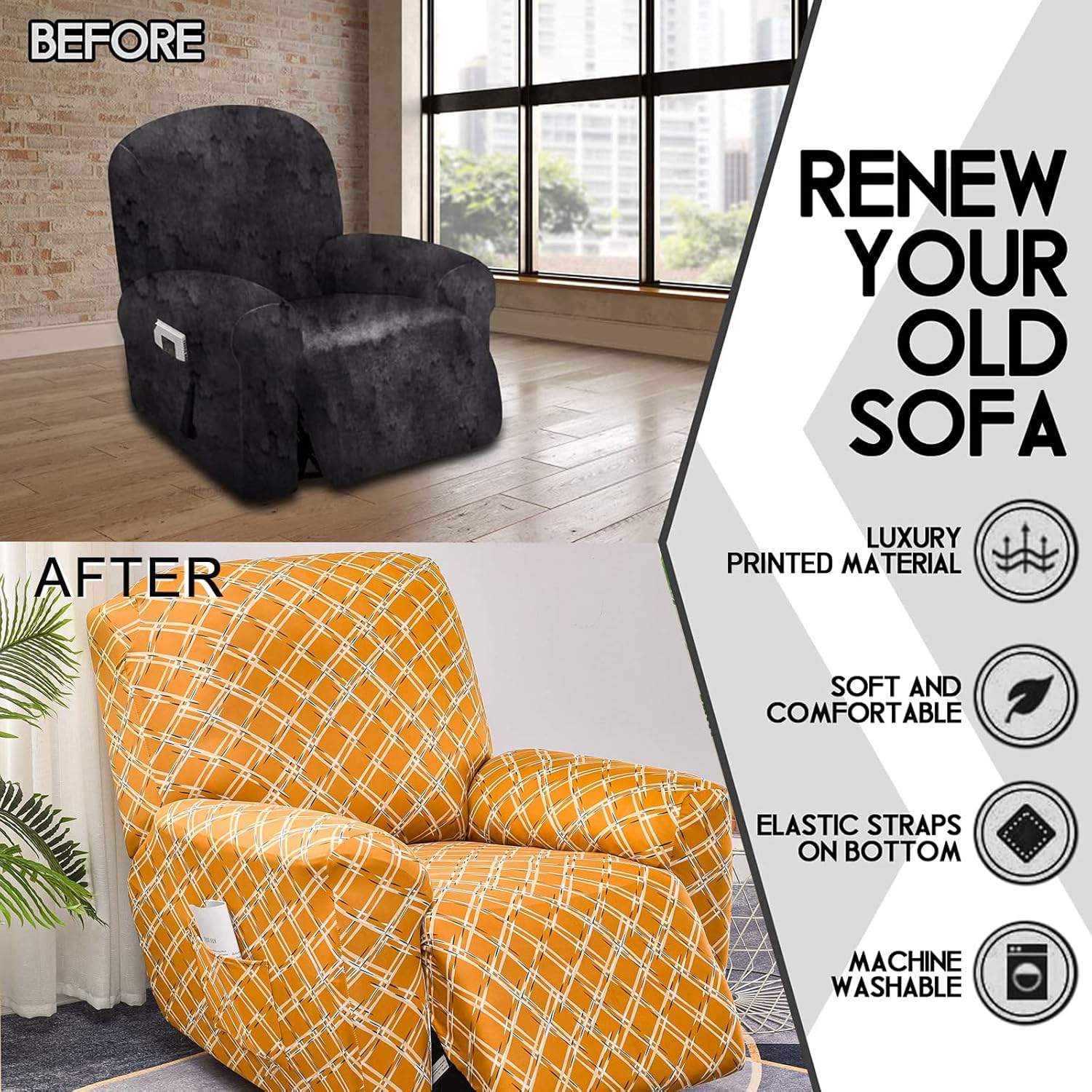 CRFATOP Funda reclinable con estampado floral con bolsillos, funda reclinable individual, 4 piezas, funda para sillón reclinable con parte inferior