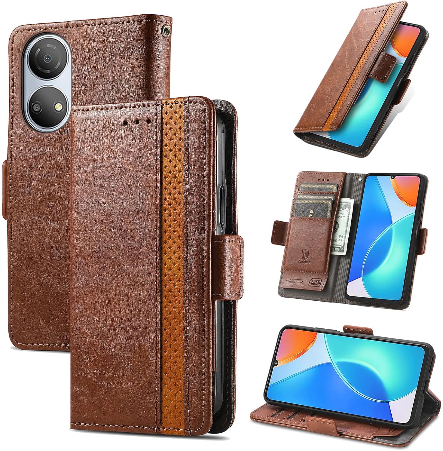 Funda para Honor X7 Cover, Case for Honor Play 30+ Plus Funda de piel sintética con ranuras para tarjetas Funda con soporte abatible Marrón