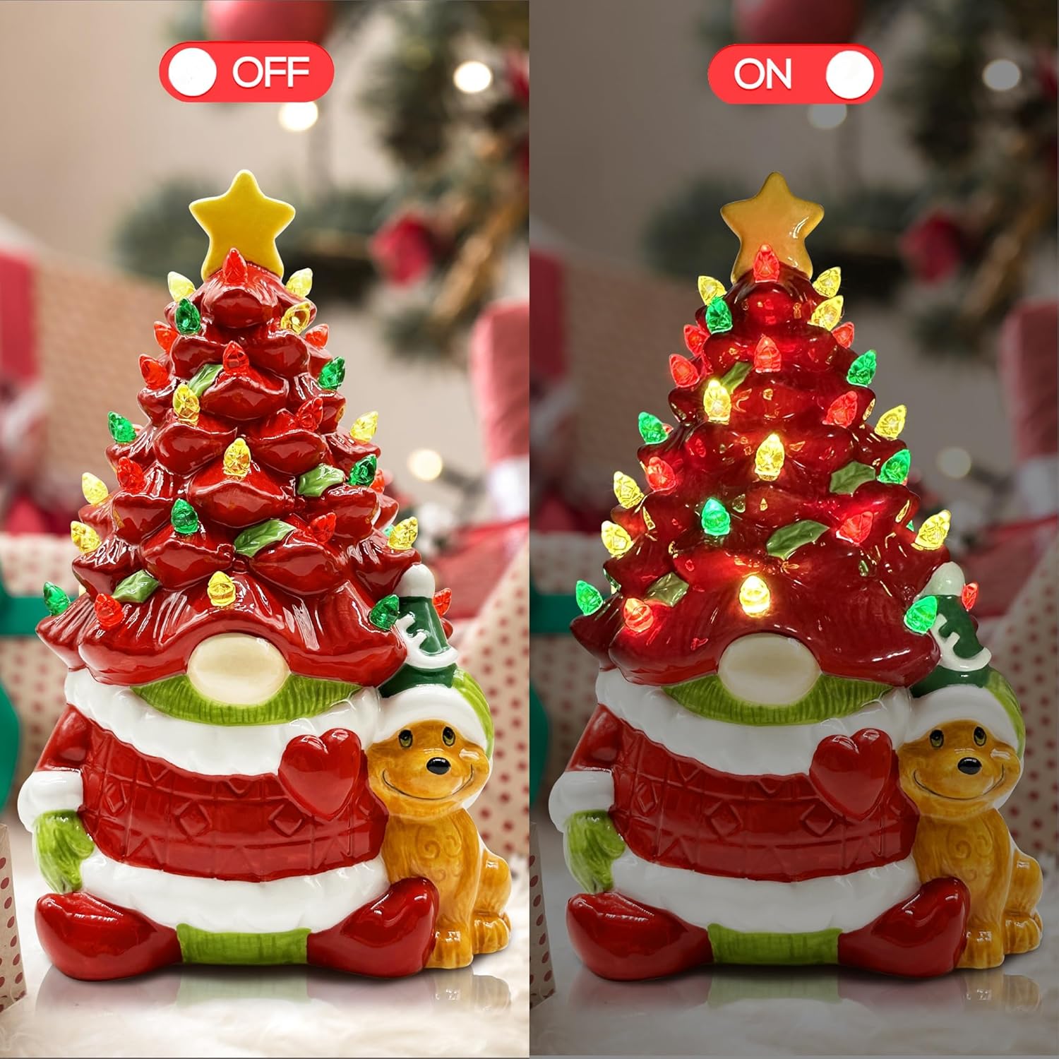 pinata Decoración navideña de gnomo de cerámica, gnomo rojo para mujeres, hombres y niños, árbol de Navidad de cerámica iluminado, decoración de