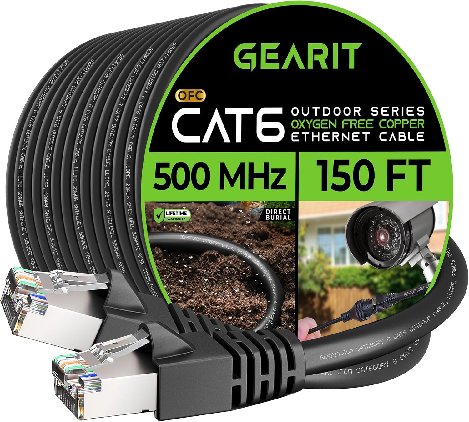 GearIT Cable Ethernet Cat6 para exteriores (150 pies), cobre puro 23 AWG, FTP, LLDPE, impermeable, entierro directo, en tierra, resistente a los