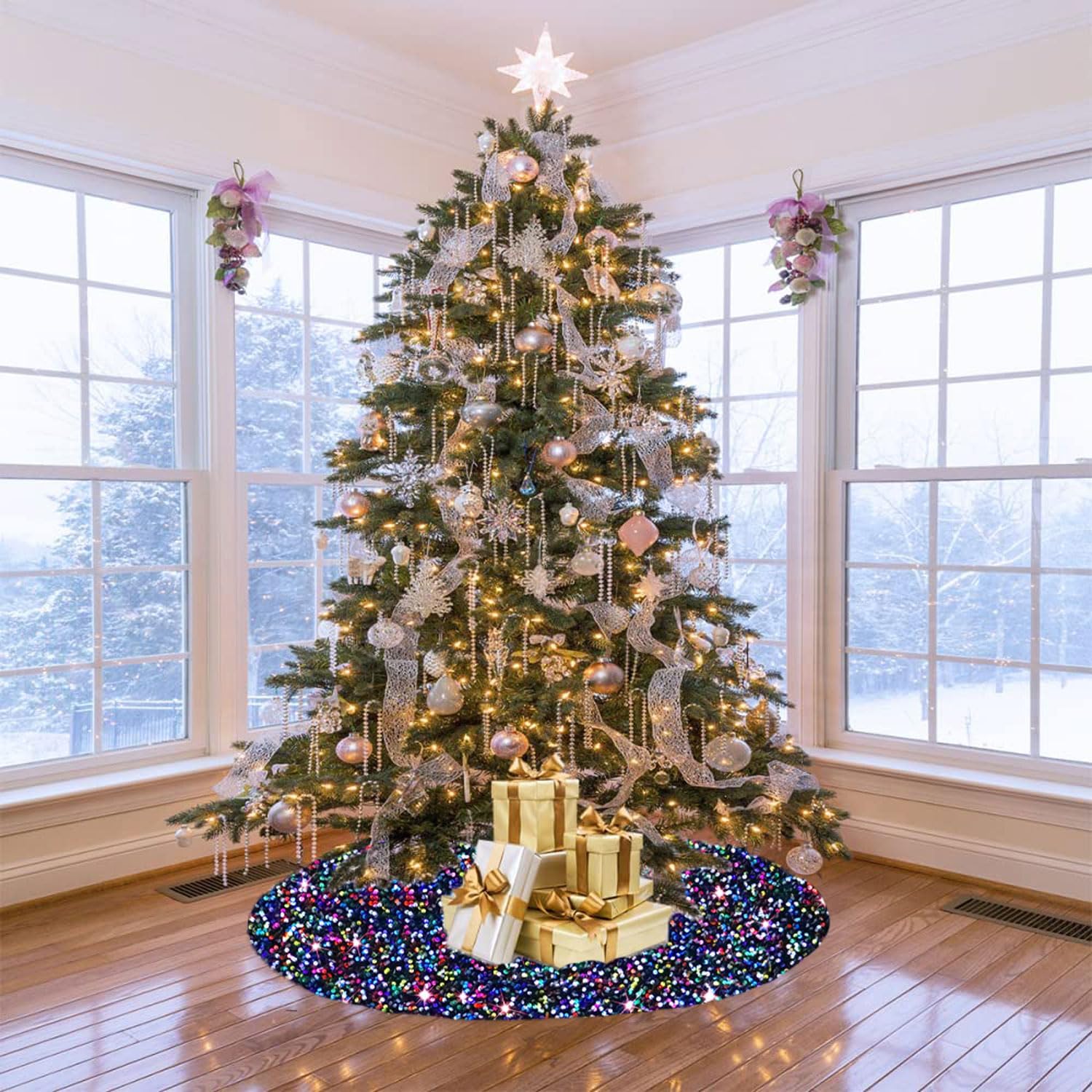 Falda pequeña para árbol de Navidad de 21 pulgadas, falda de árbol de arco iris para árbol delgado, falda de árbol de lentejuelas, falda de árbol de