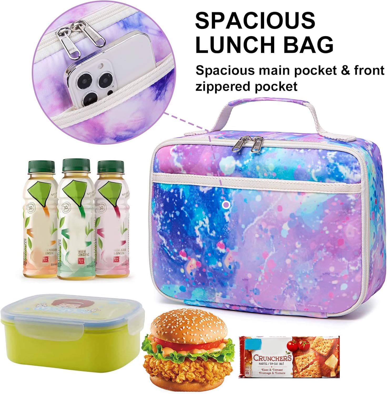 Lonchera para niños y niñas, bolsa con aislamiento para el almuerzo, kit de bolsas de almuerzo reutilizables para la escuela y los viajes (color