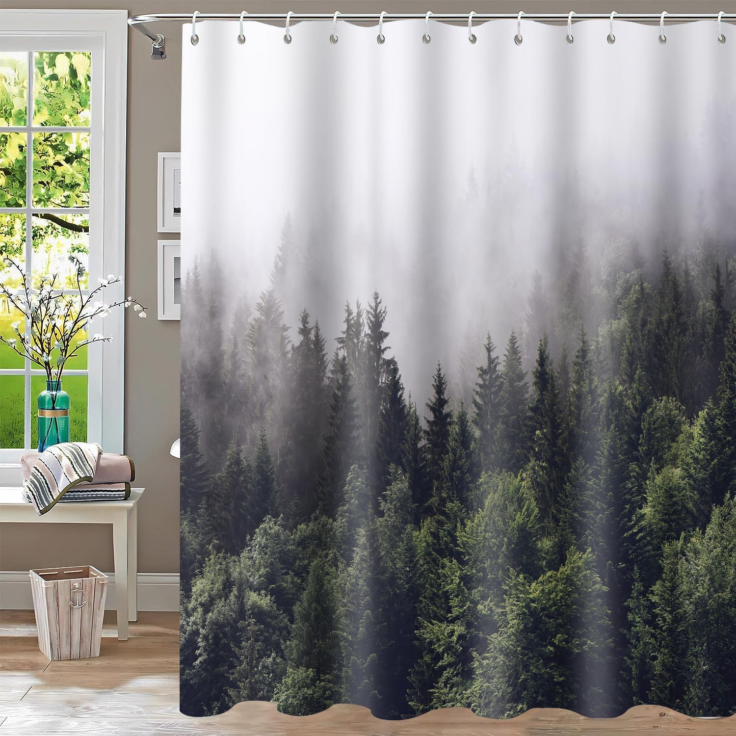 Guo Long Xu Misty Forest – Juego de cortinas de ducha de tela impermeable para baño, árbol natural, montaña, bosque, decoración de baño, cortina con
