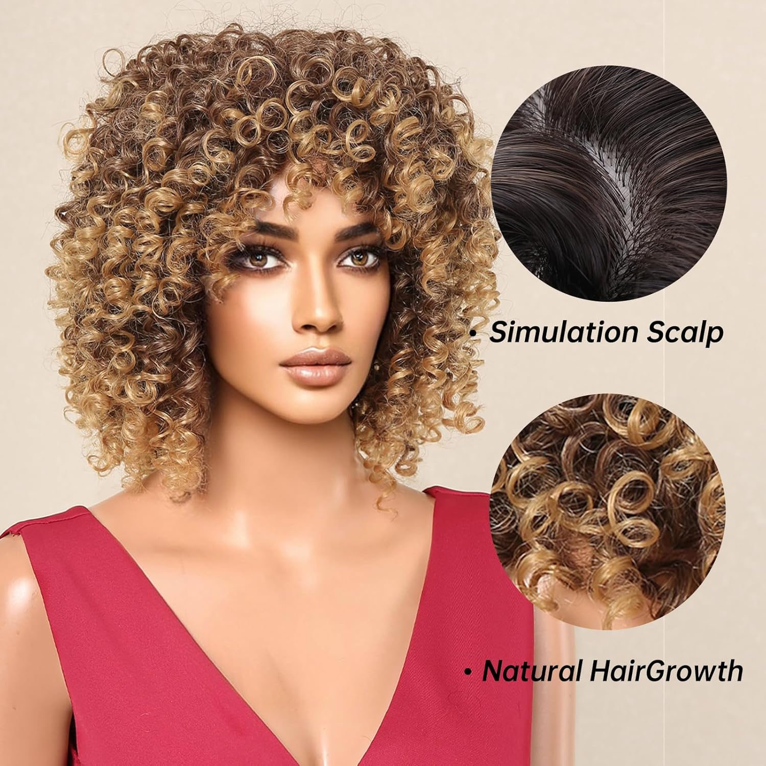 Allbell Pelucas cortas y rizadas para mujeres negras, peluca rubia suave y rizada con flequillo, rizos afro, resistente al calor, peluca sintética