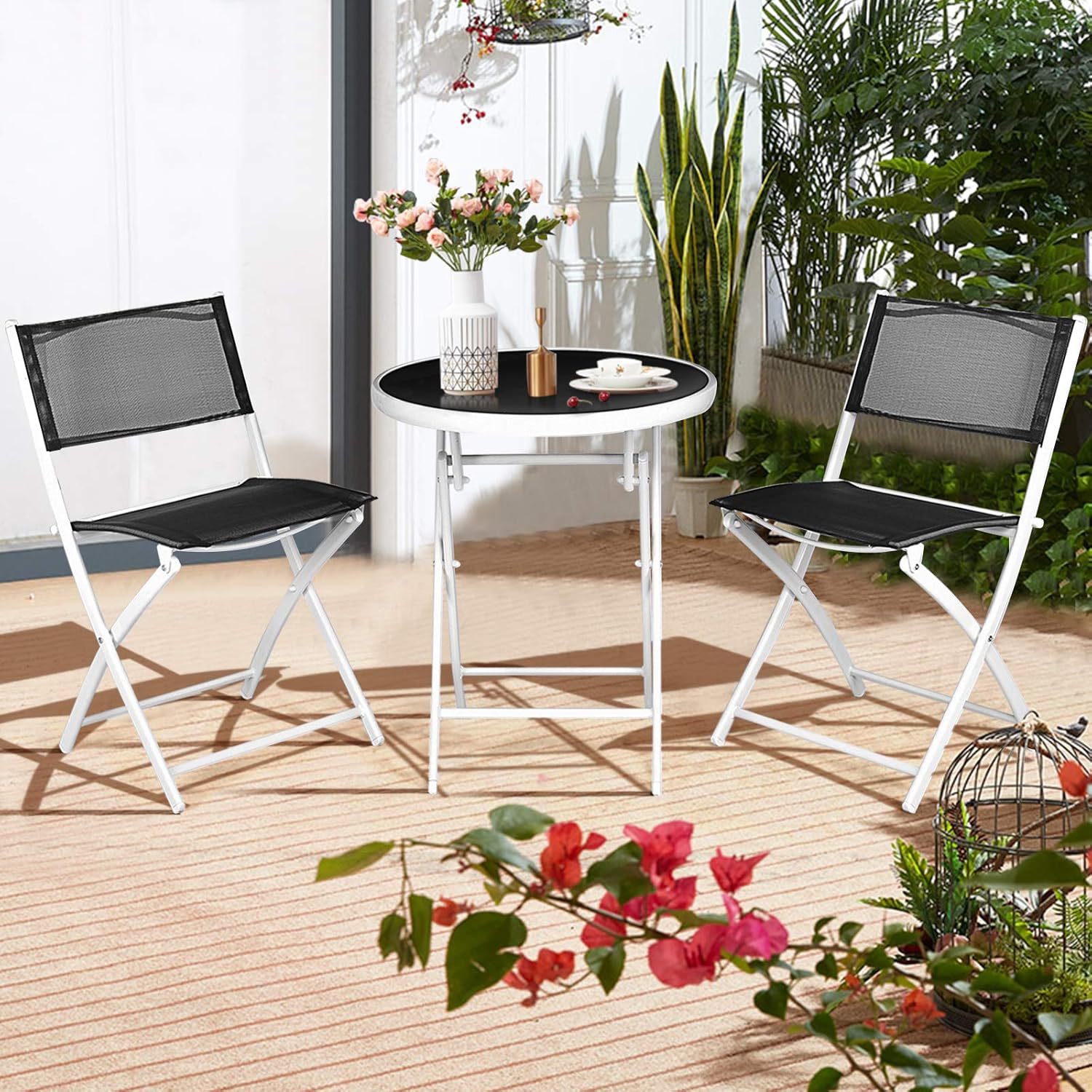 S AFSTAR Juego de 3 piezas, sillas plegables y mesa para interior y exterior, patio, balcón, jardín, junto a la piscina (negro)
