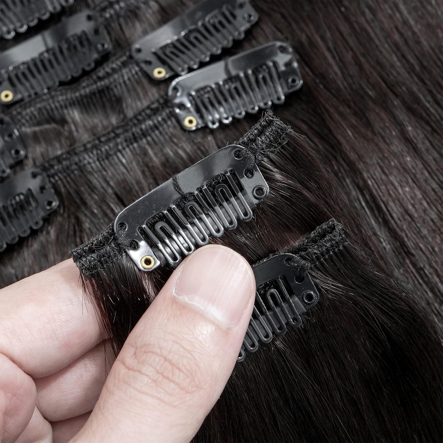 S-noilite – Extensiones de cabello humano real con clip, color negro natural #1B, doble trama, 16 pulgadas, balayage, lacio, 7 unidades, 4.23 oz