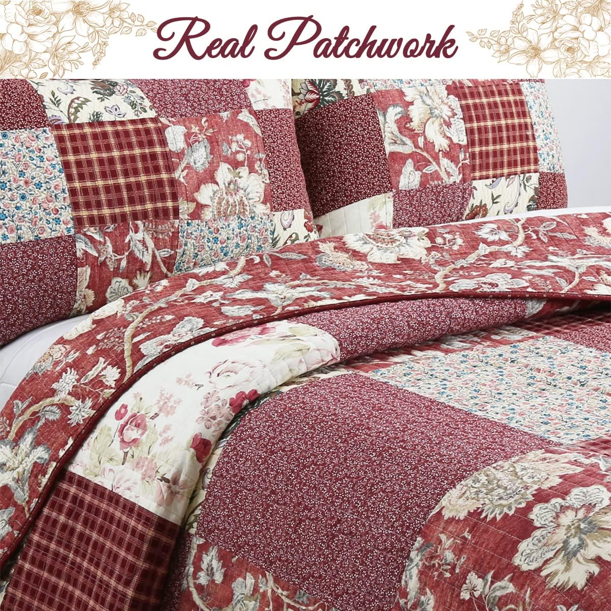 Cozy Line Home Fashions Juego de ropa de cama reversible de 100% algodón, diseño de retazos rojos y flores a cuadros, colcha (jardín vintage, King,