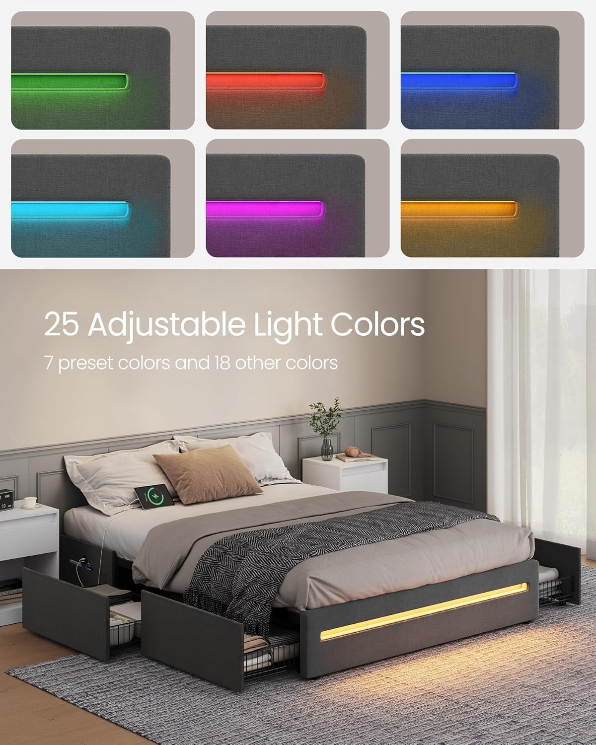 VASAGLE Base de cama LED tamaño Queen con 4 cajones y estación de carga, marco de cama Queen con 1 puerto USB y 1 puerto tipo C, listones de acero,