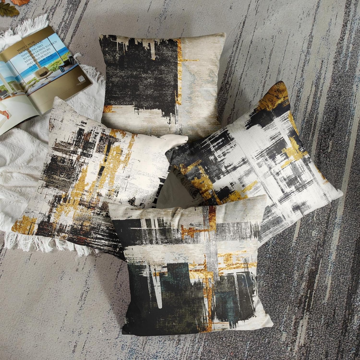 Juego de 4 fundas de almohada decorativas para decoración del hogar, diseño abstracto negro y dorado, fundas de almohada decorativas de 18 x 18