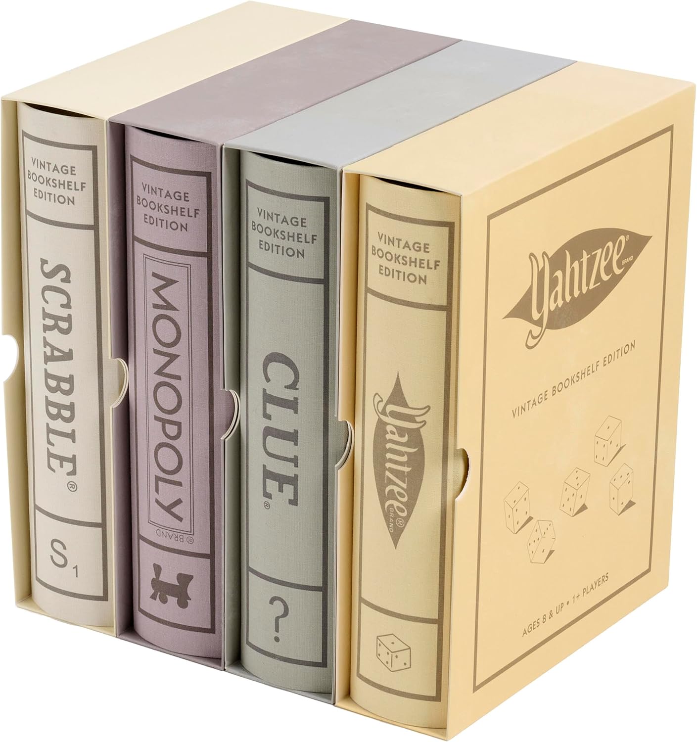WS Game Company Scrabble, Monopoly, Clue, and Yahtzee Vintage Board Game Bookshelf Collection