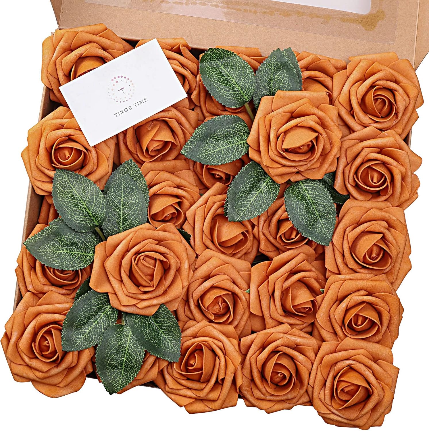 TINGE TIME Flores de naranja quemado, flores falsas para decoración de rosas con tallo, 25 flores artificiales de rosas para ramos de boda, centros