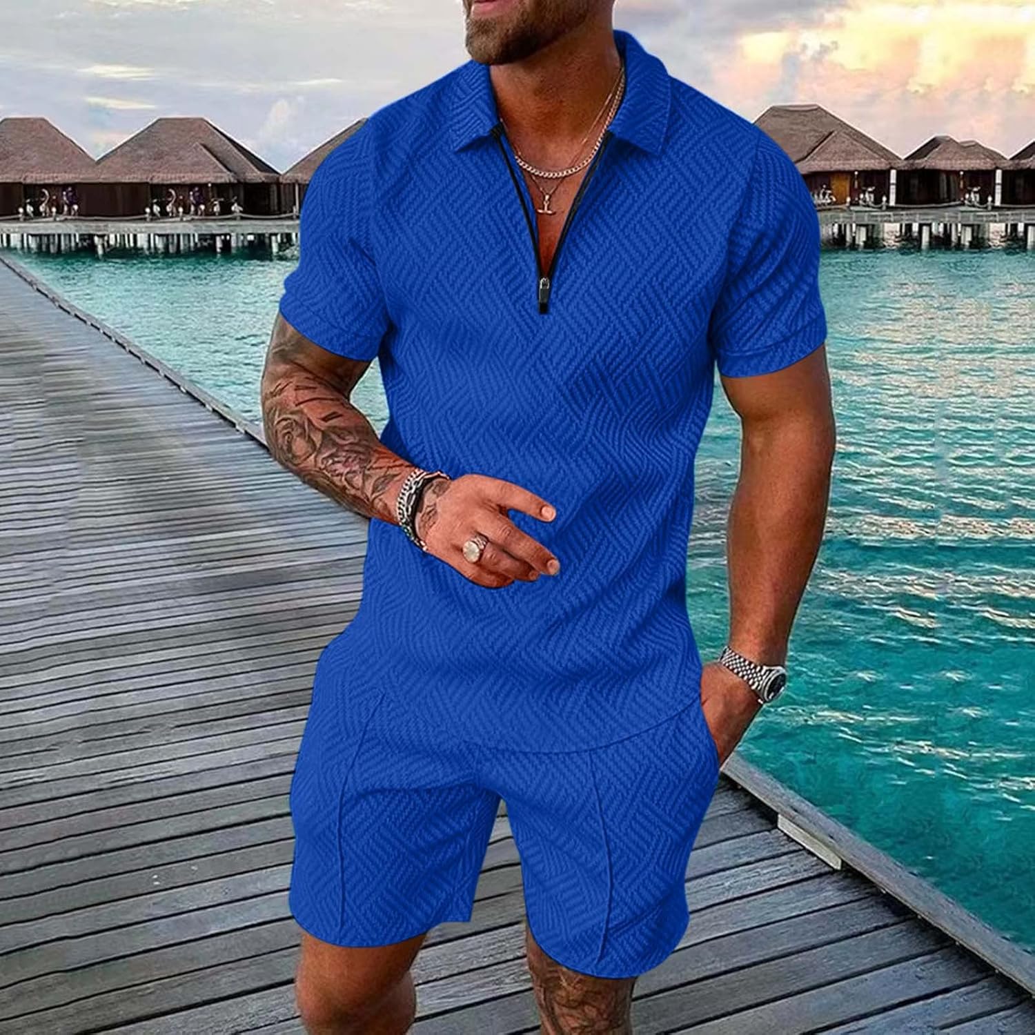 ZYXTIM Conjunto de 2 piezas para hombre, polo, de manga corta, con cremallera, camiseta Henley y pantalones cortos ajustados, ropa de trabajo