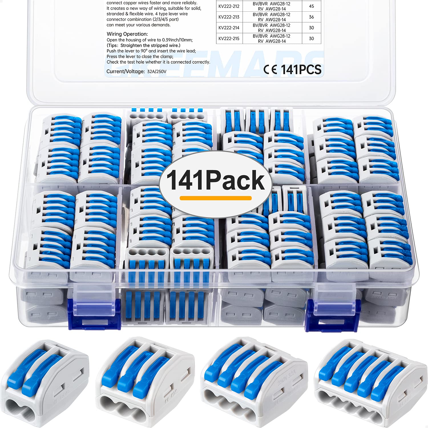 GKEEMARS 141 conectores de cable de palanca, conector conductor de empalme compacto para cables flexibles de trenzado sólido 28-12 AWG (azul)