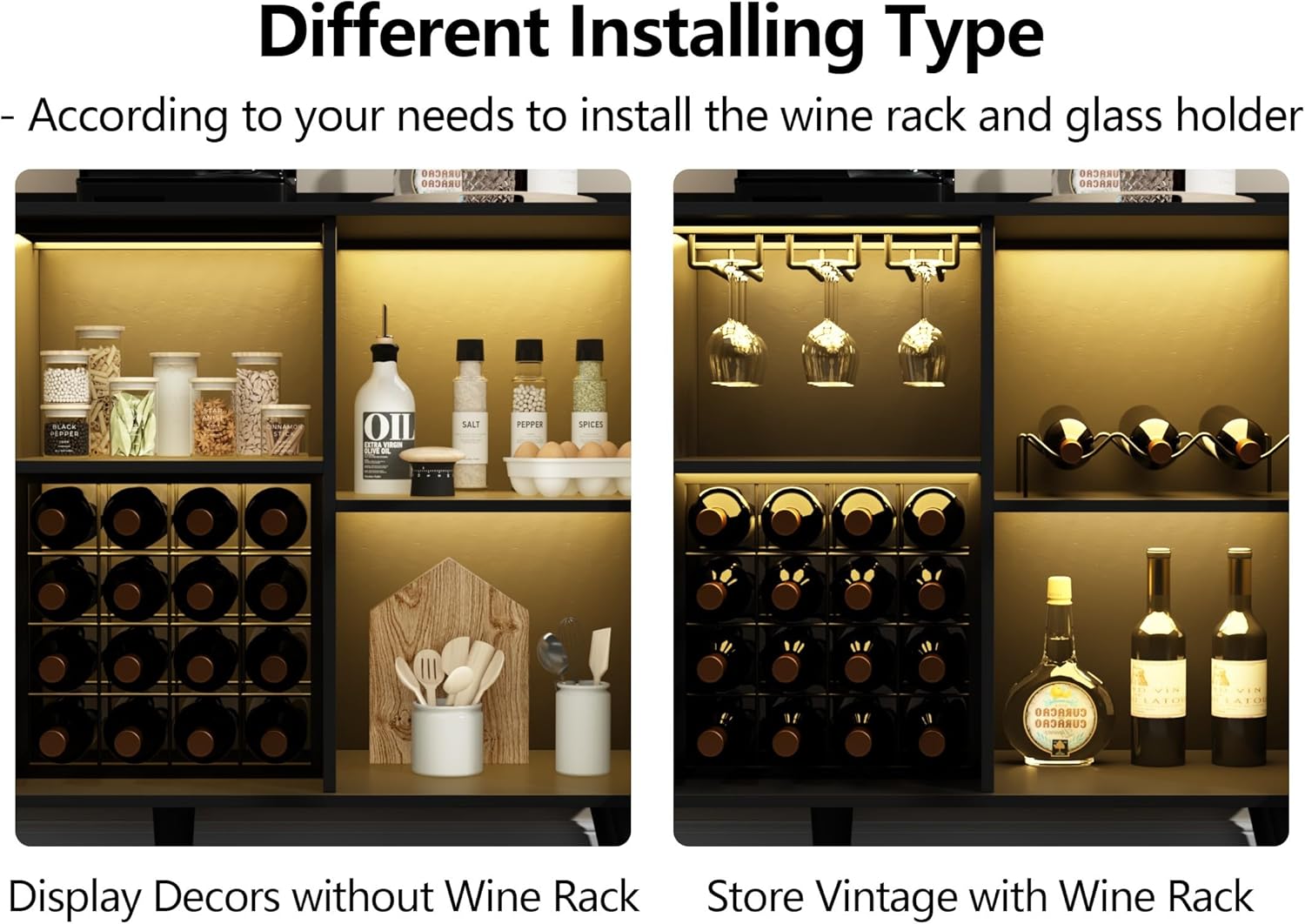 Loomie Armario de bar de vinos con luz LED, gabinete de café para el hogar con estante para vino y soporte para vidrio, aparador de cocina con