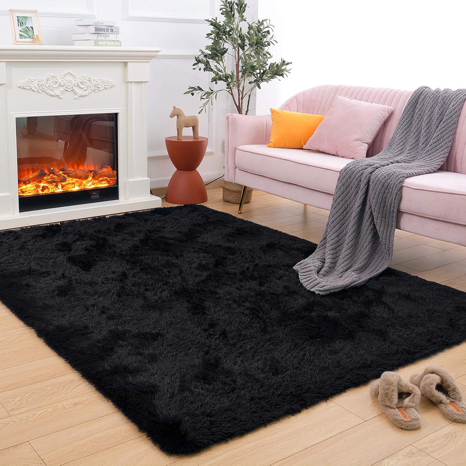 Maxsoft Alfombra mullida de pelo largo para dormitorio, alfombra negra de 6 x 9 pies, para sala de estar, guardería, mesita de noche, alfombra de