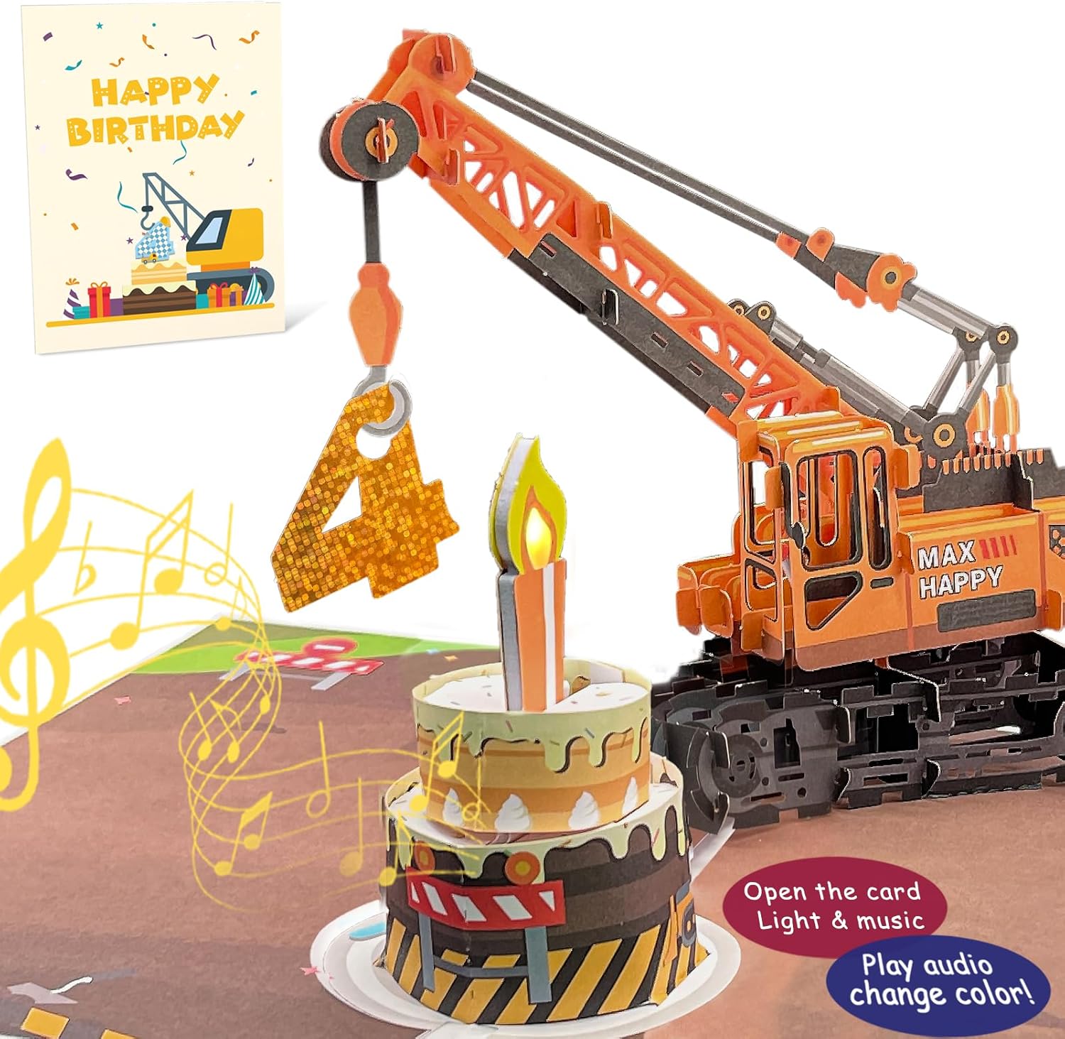 DTESL Tarjeta de felicitación 3D de 4 cumpleaños con luz y música, tarjeta de camión grúa para niño, sobrino, nieto, hijo, niño pequeño, con sobre,