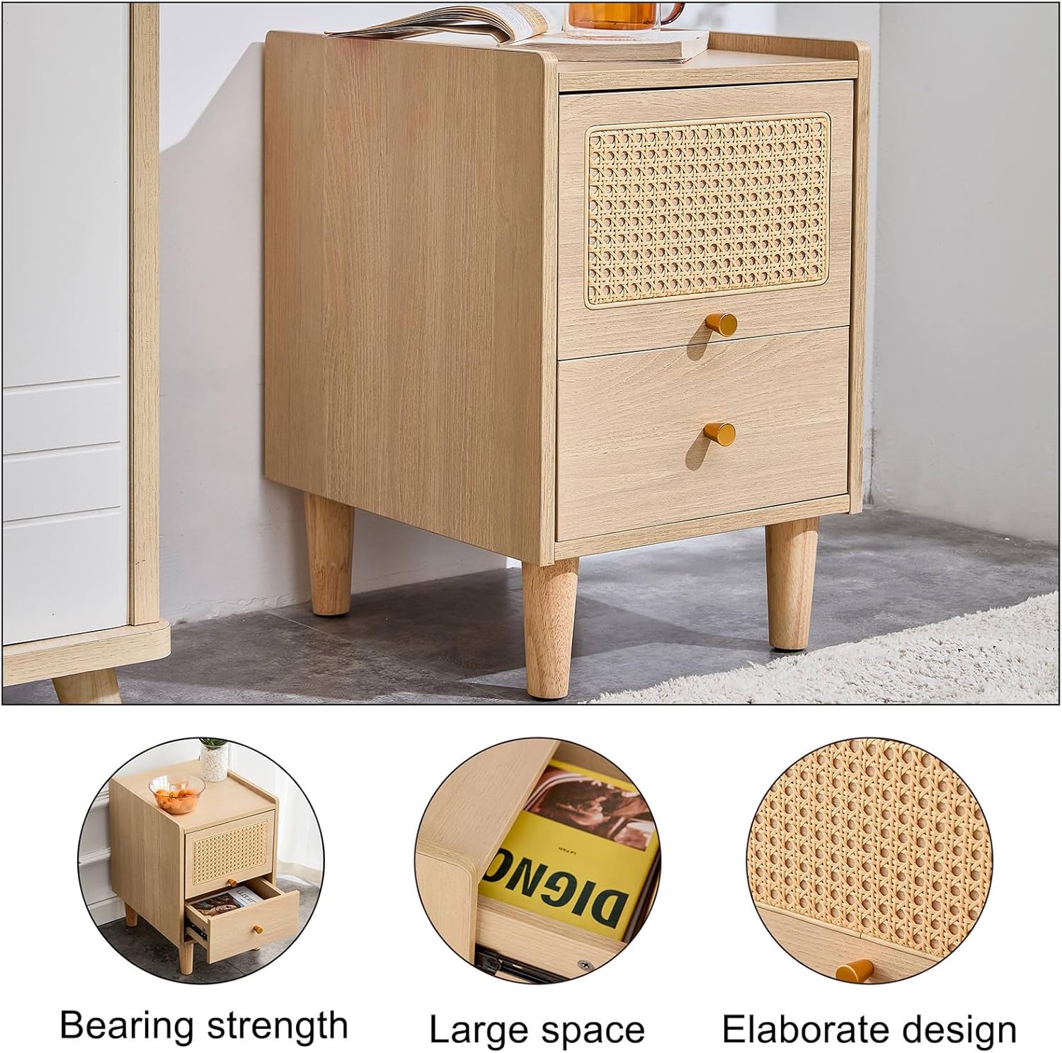 Mesita de noche de ratán con cajones de almacenamiento, muebles de noche simples y modernos, mesita de noche, mesa auxiliar para dormitorio, porche,