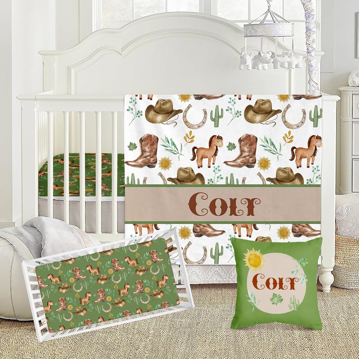 KAINSY Juego de ropa de cama personalizado para cuna, 3 piezas con temática de caballos, ropa de cama para cuna, ropa de cama para niños y niñas,