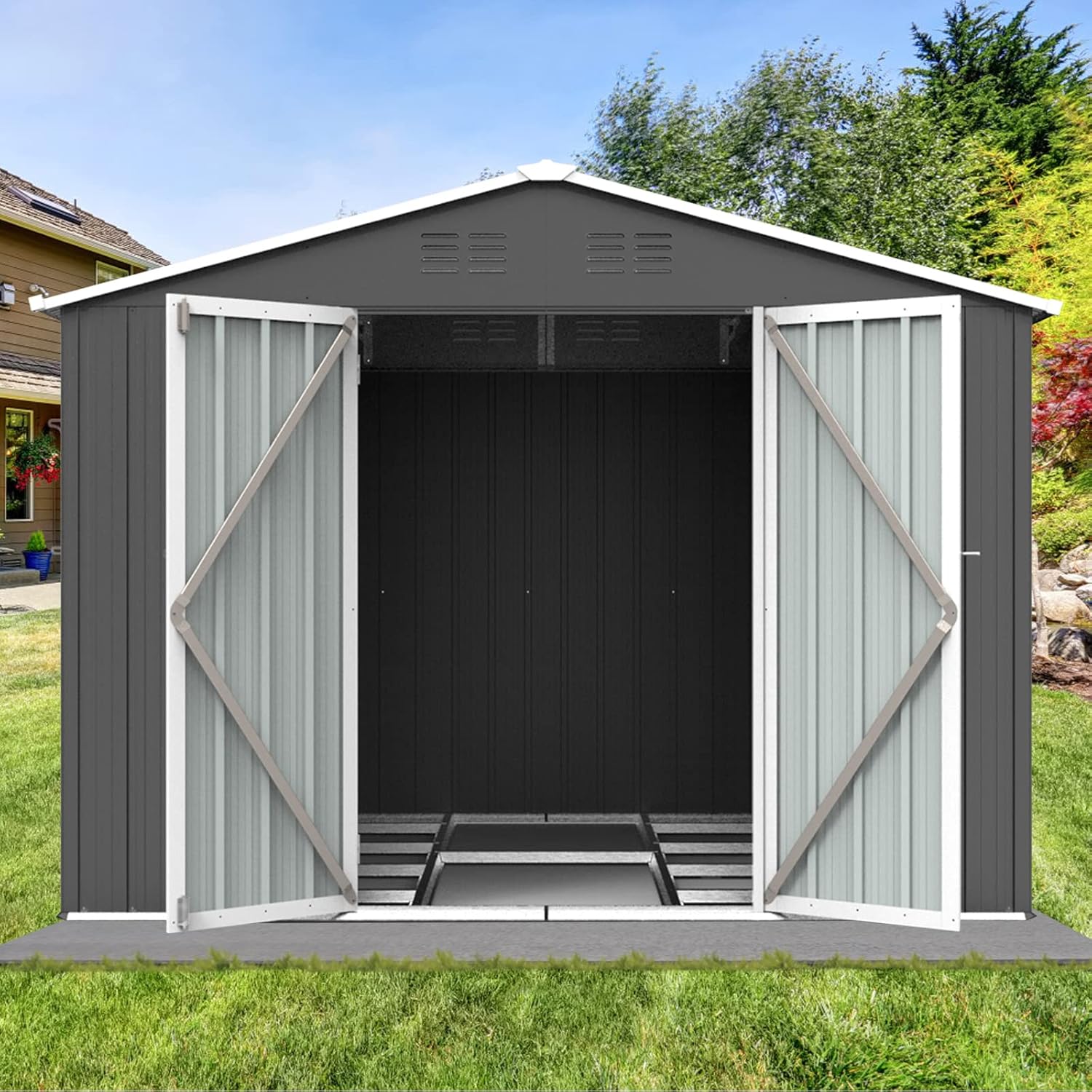 Cobertizo de almacenamiento para exteriores de 8 x 6 pies, cobertizo de metal para exteriores con puertas y rejillas de ventilación, cobertizo de