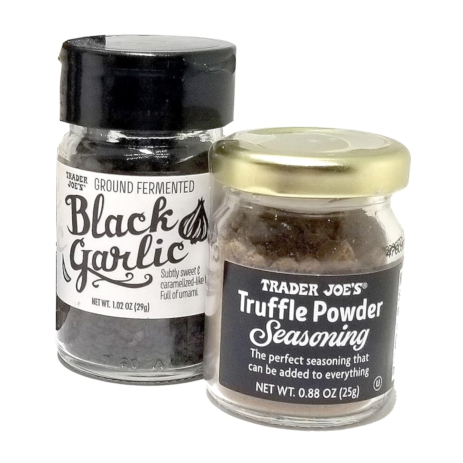 Juego de 4 piezas de aceite y condimentos especiales de Trader Joe’s en blanco y negro, dúo de aceite de trufa, condimento en polvo de trufa y ajo