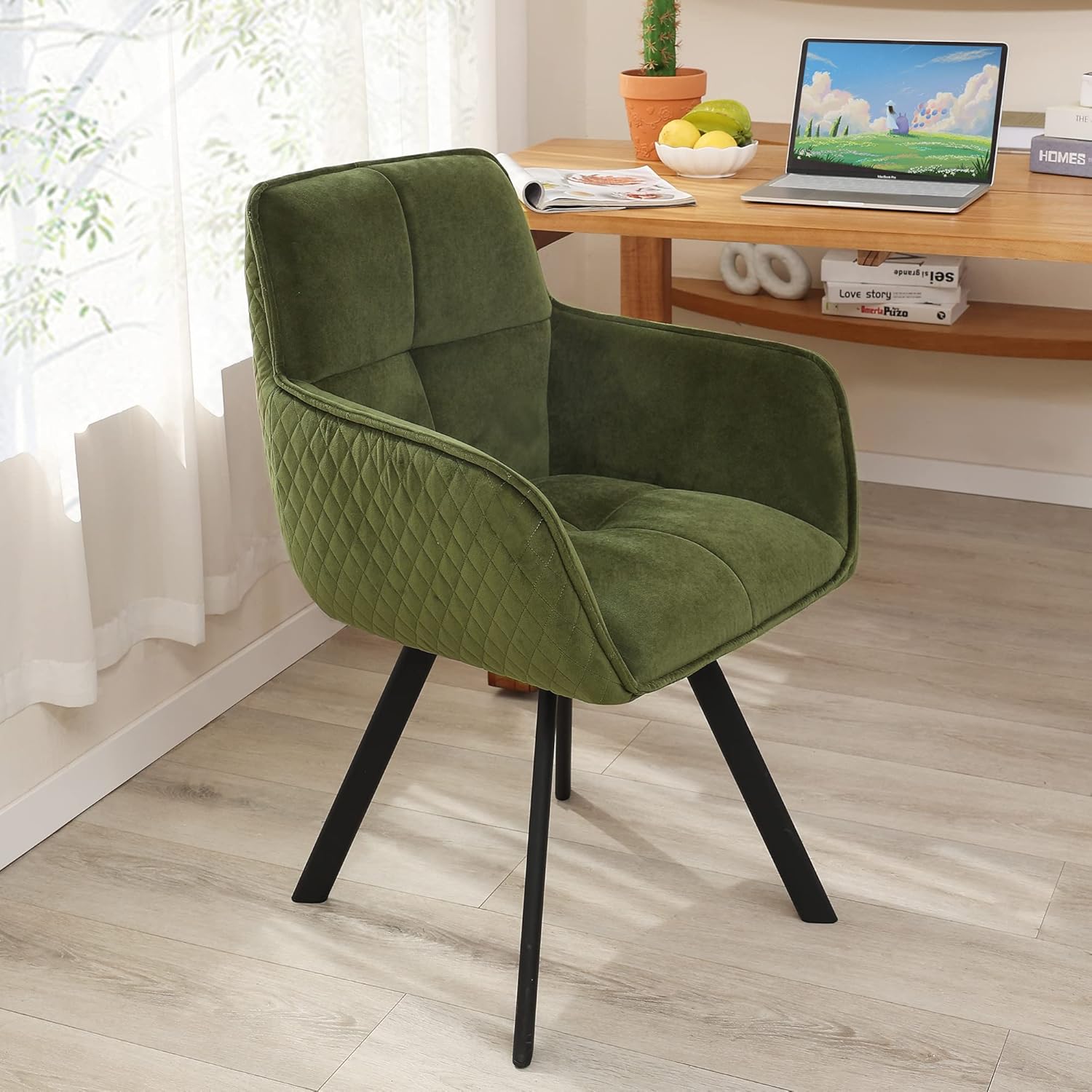 Scingu Olive Green Cozy Desk Chair, Velvet Office Desk Armchair, Comfy Upholstered Task Chair Stationary Non Rolling with Mid Back, Swivel Comfy