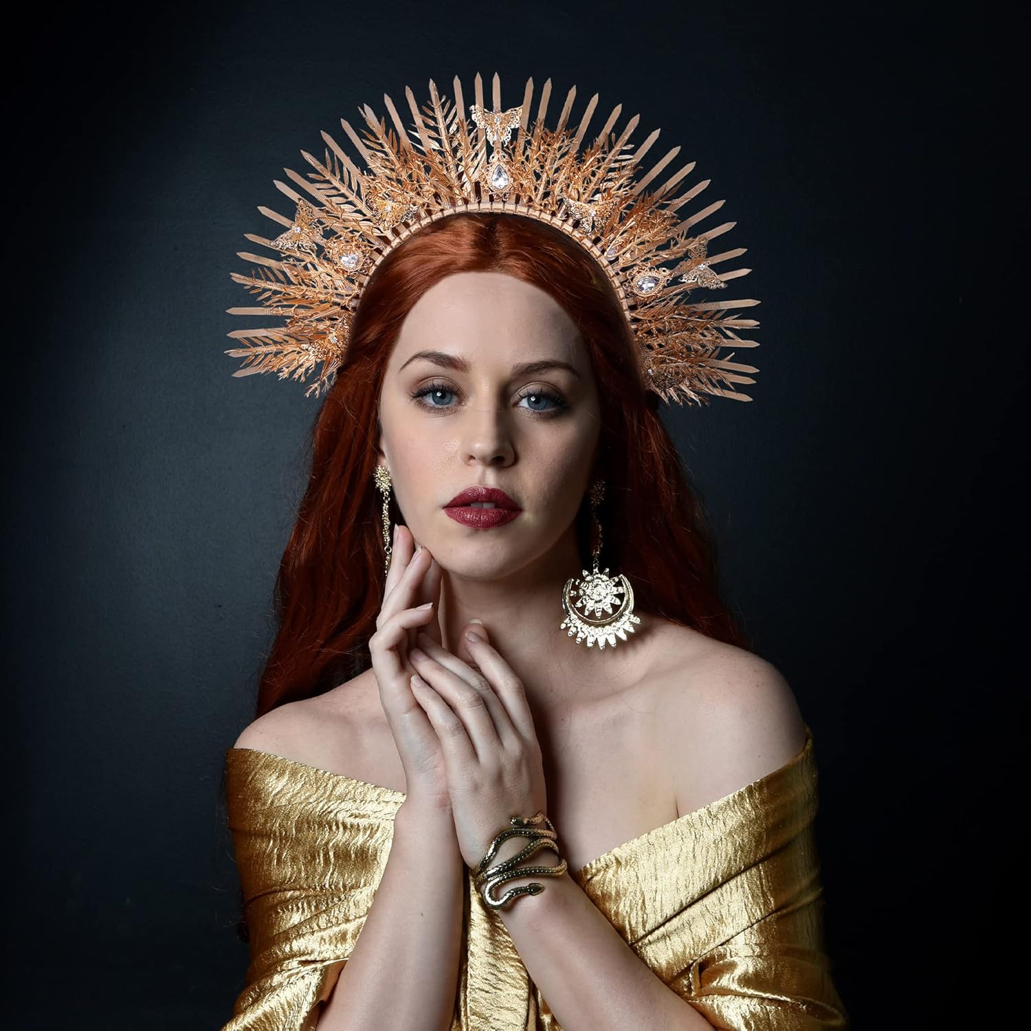 Halo Crown Headband Gold – Spike Zip Tie Headwear Virgin Mary Headpiece Birthday Sunburst Tiara for Women Wedding Photoshoot Festival Costume with