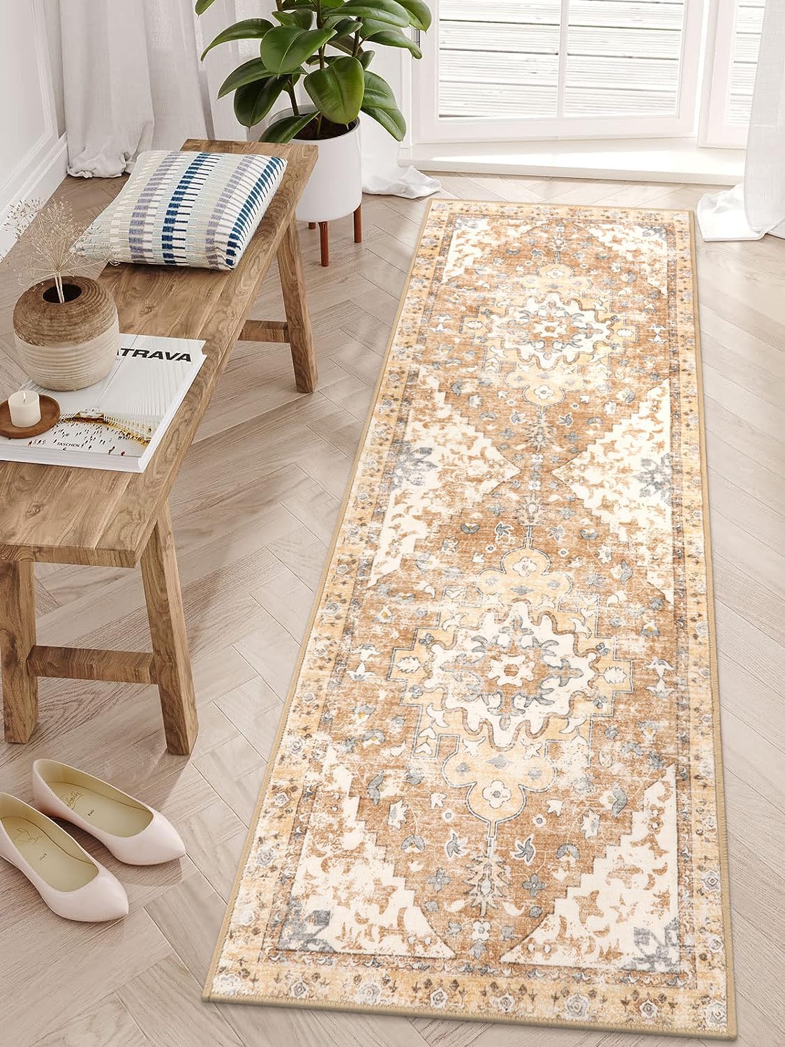 Uphome Alfombra de pasillo de 2 x 6 pies para pasillos, alfombra de entrada antideslizante lavable, suave, bohemio, vintage, alfombra oriental con
