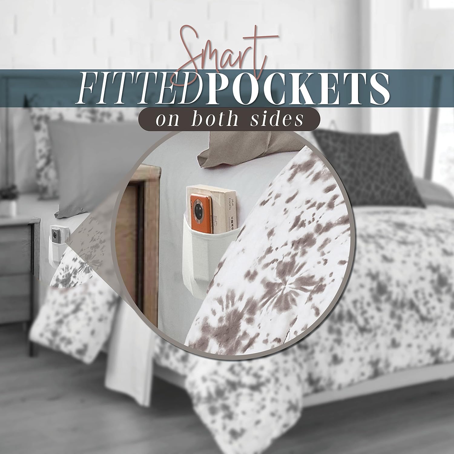 Elegant Comfort Juego de edredón reversible de 10 piezas, estampado de teñido anudado, almohada decorativa y sábana bajera con bolsillos